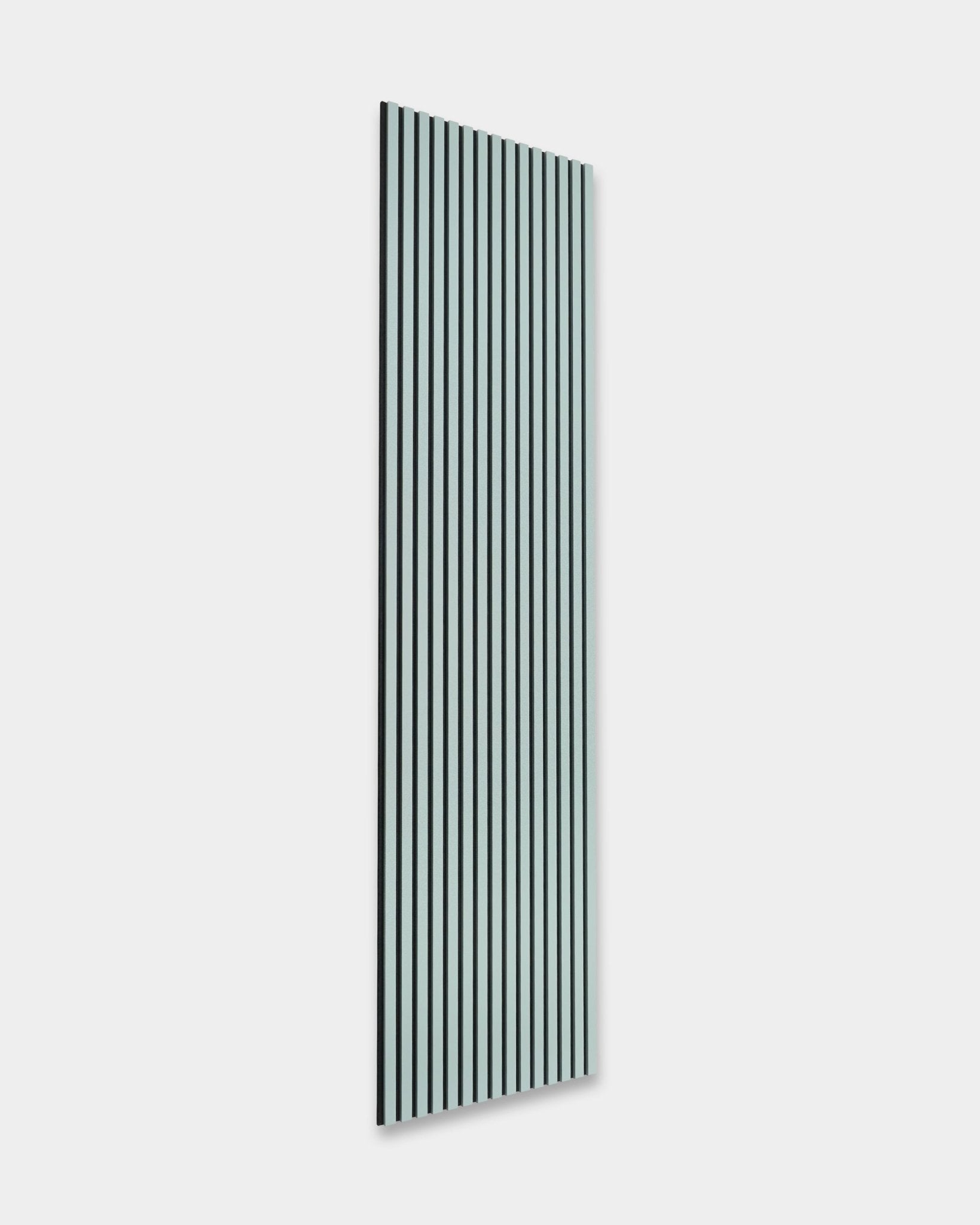 WoodUpp Hue Akupanel in Cloud, 240 x 60 cm, with vertical black and white slats on a light gray background for acoustic comfort. Nordic minimalist design.